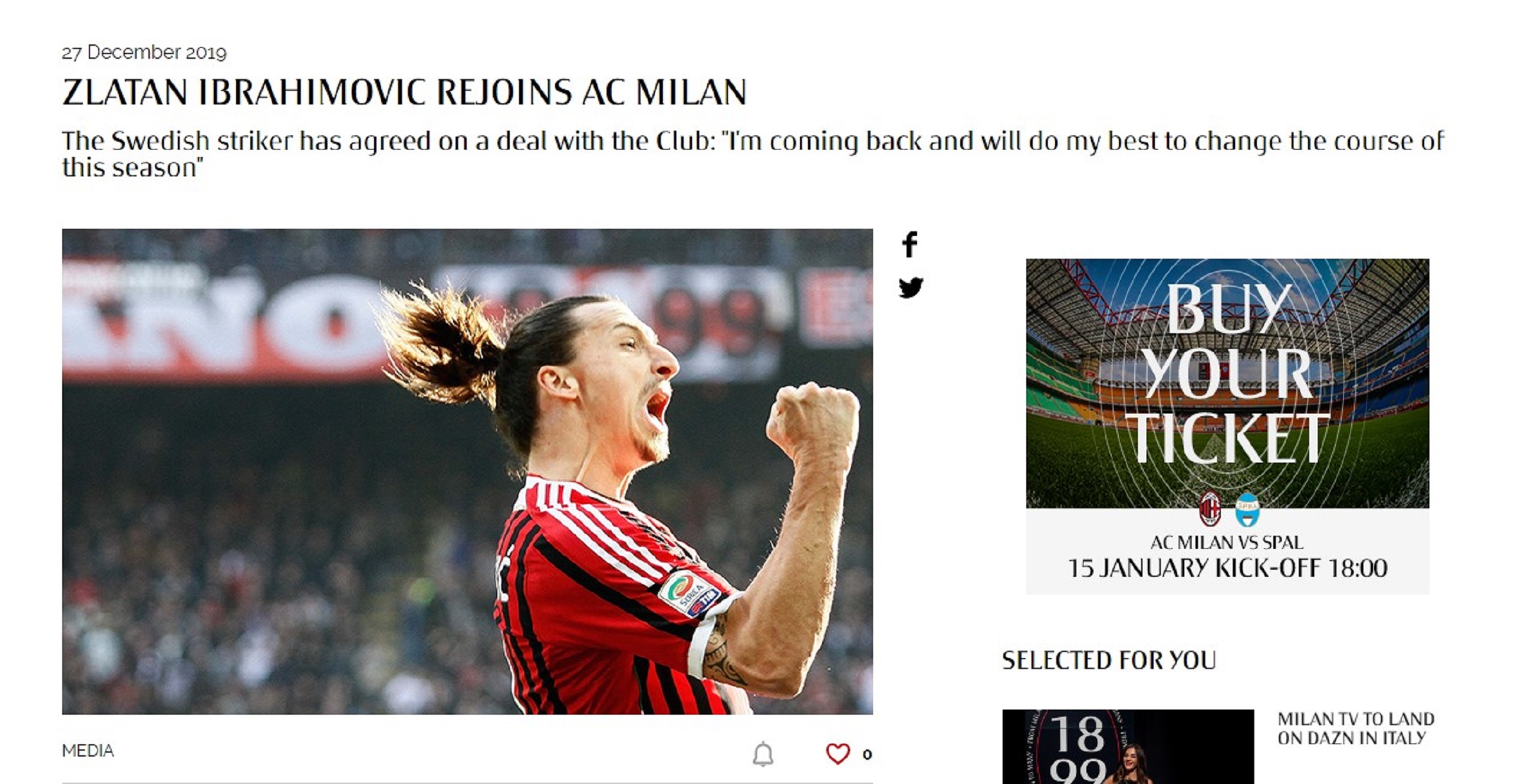 Ζλάταν Ιμπραΐμοβιτς: Ανακοινώθηκε η επιστροφή του στη Μίλαν