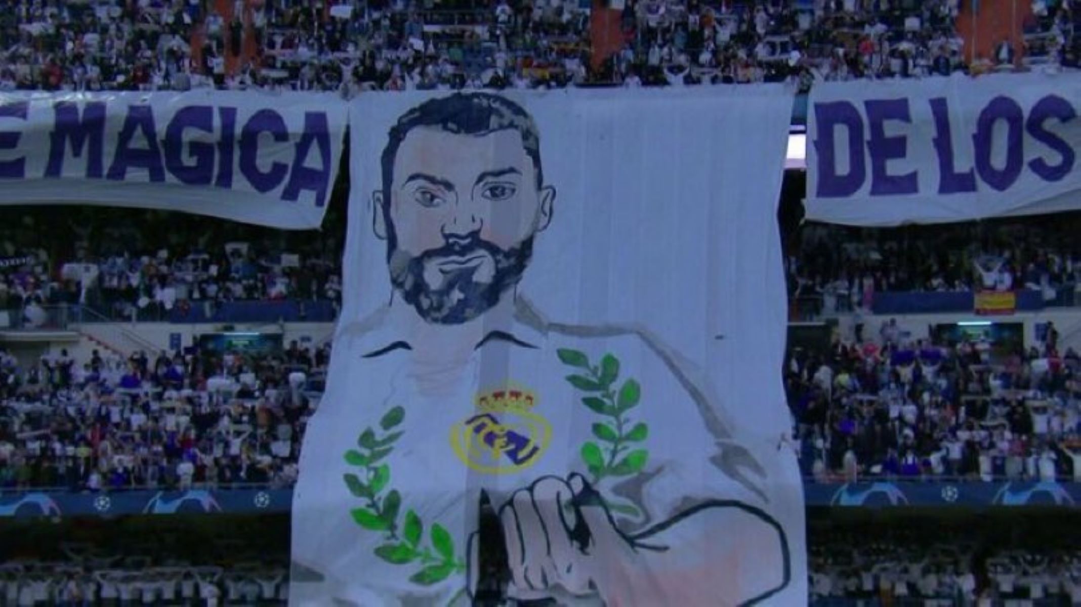 Έναρξη ανατριχίλα στο Μπερναμπέου – Γιγαντιαίο πανό με Μπενζεμά και στεφάνι ελιάς (vid)